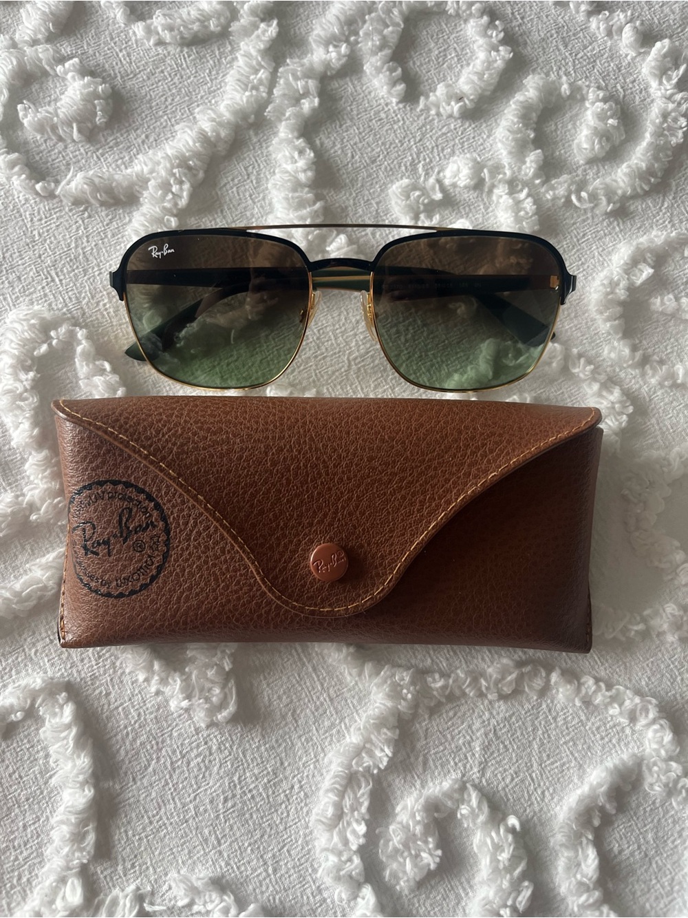 Ray-Ban Black and Gold Sunglasses with Green Lenses